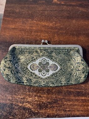 Ann Taylor The Loft Leather Kisslock Jacquard pattern Evening Clutch